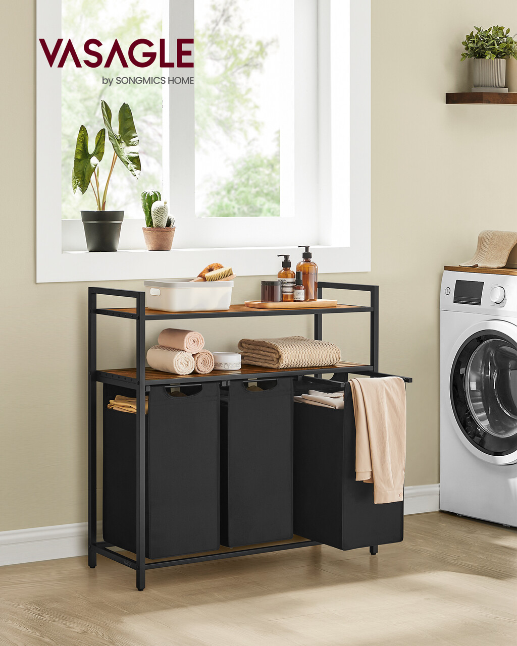 Cos de rufe cu 3 compartimente si 2 rafturi, Vasagle, 92.5x33x92 cm, 3x40 L, MDF/otel/tesatura Oxford, maro rustic/negru - imagine 7